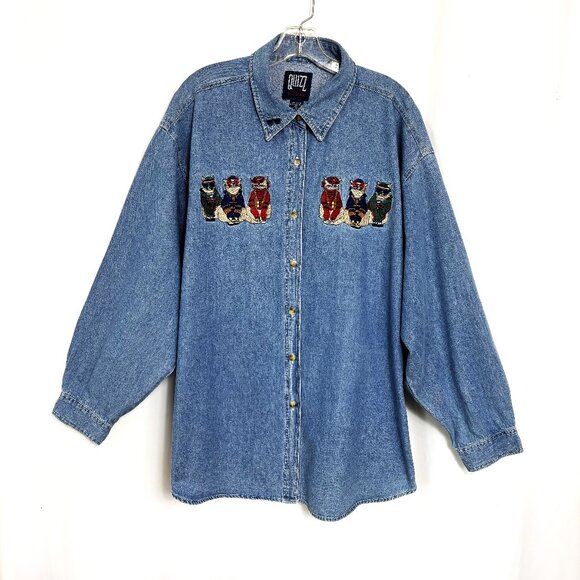 90's Denim Holiday Shirt – Embroidered Cats w/ Sweaters Button-Up Sz 24 VTG - Picture 1 of 15